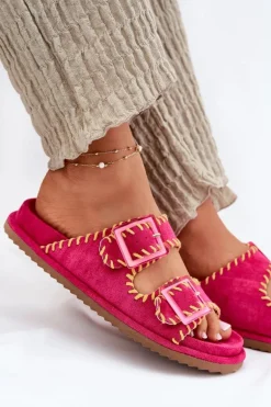 Klapki Damskie Z Klamrami I Ozdobnym Obszyciem Fuksja Visley