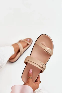 Klapki Damskie Z Klamrami Beżowe Brinella