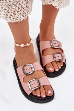 Klapki Damskie Z Klamrami Na Platformie Różowe Elamas