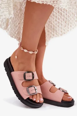 Klapki Damskie Z Klamrami Na Platformie Różowe Elamas