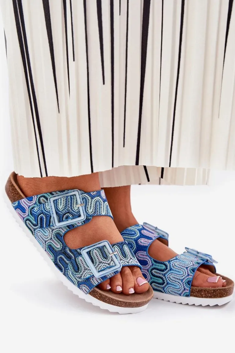 Klapki Damskie Z Klamrami I Brokatem S.Barski RB51-006 Niebieskie