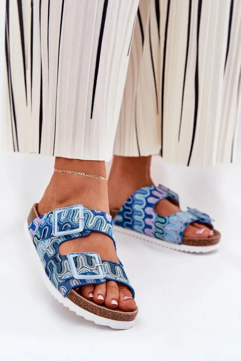 Klapki Damskie Z Klamrami I Brokatem S.Barski RB51-006 Niebieskie