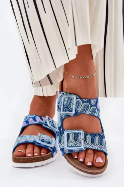 Klapki Damskie Z Klamrami I Brokatem S.Barski RB51-006 Niebieskie