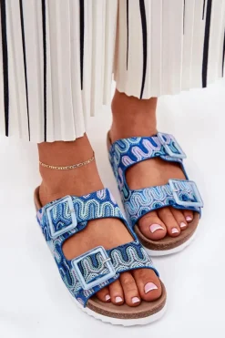 Klapki Damskie Z Klamrami I Brokatem S.Barski RB51-006 Niebieskie