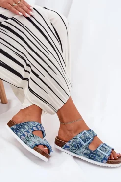 Klapki Damskie Z Klamrami I Brokatem S.Barski RB51-006 Niebieskie