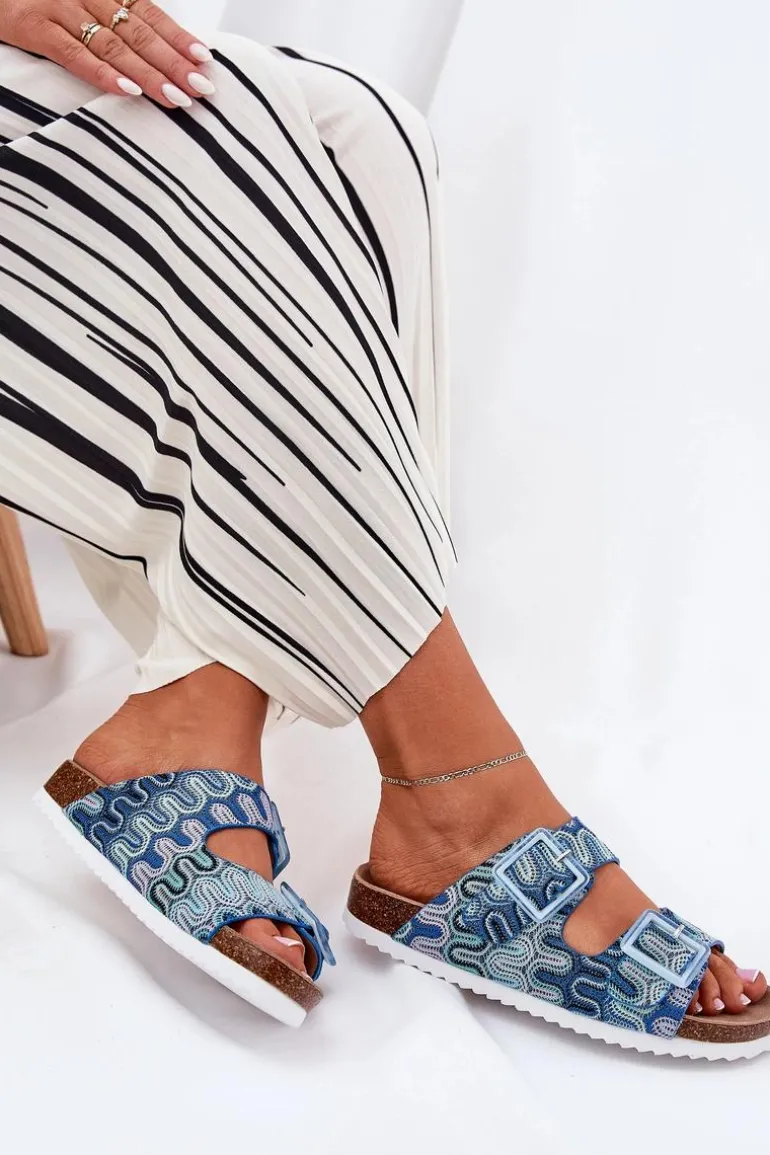 Klapki Damskie Z Klamrami I Brokatem S.Barski RB51-006 Niebieskie