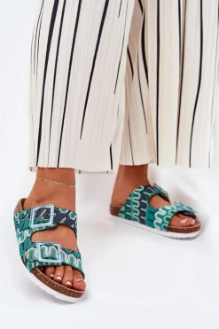 Klapki Damskie Z Klamrami I Brokatem S.Barski RB51-006 Zielone