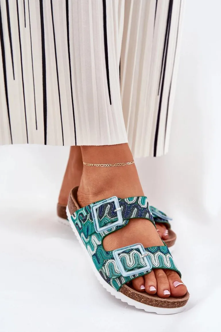 Klapki Damskie Z Klamrami I Brokatem S.Barski RB51-006 Zielone