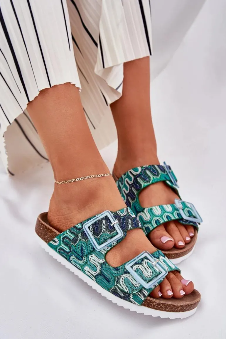 Klapki Damskie Z Klamrami I Brokatem S.Barski RB51-006 Zielone