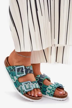 Klapki Damskie Z Klamrami I Brokatem S.Barski RB51-006 Zielone