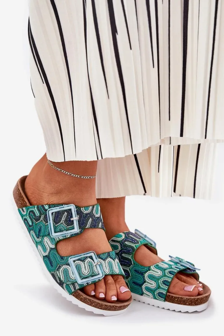 Klapki Damskie Z Klamrami I Brokatem S.Barski RB51-006 Zielone