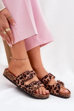 Klapki Damskie Z Klamrami Na Korkowej Podeszwie Panterka Brązowe Sercele