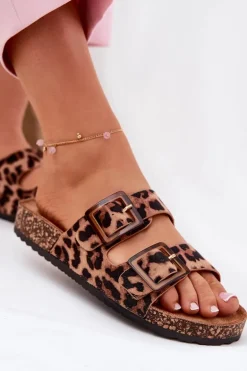 Klapki Damskie Z Klamrami Na Korkowej Podeszwie Panterka Brązowe Sercele
