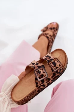 Klapki Damskie Z Klamrami Na Korkowej Podeszwie Panterka Brązowe Sercele