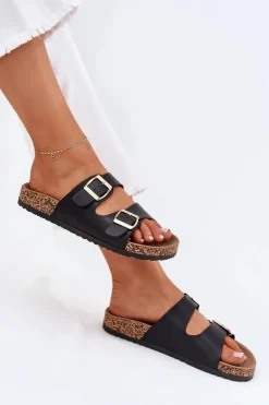 Klapki Damskie Z Klamrami Z Eko Skóry Czarne Iskira