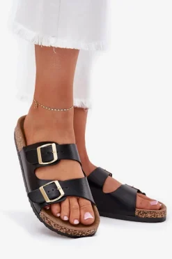 Klapki Damskie Z Klamrami Z Eko Skóry Czarne Iskira