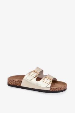 Klapki Damskie Z Klamrami Z Eko Skóry Złote Iskira