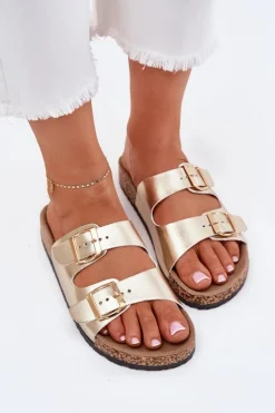 Klapki Damskie Z Klamrami Z Eko Skóry Złote Iskira