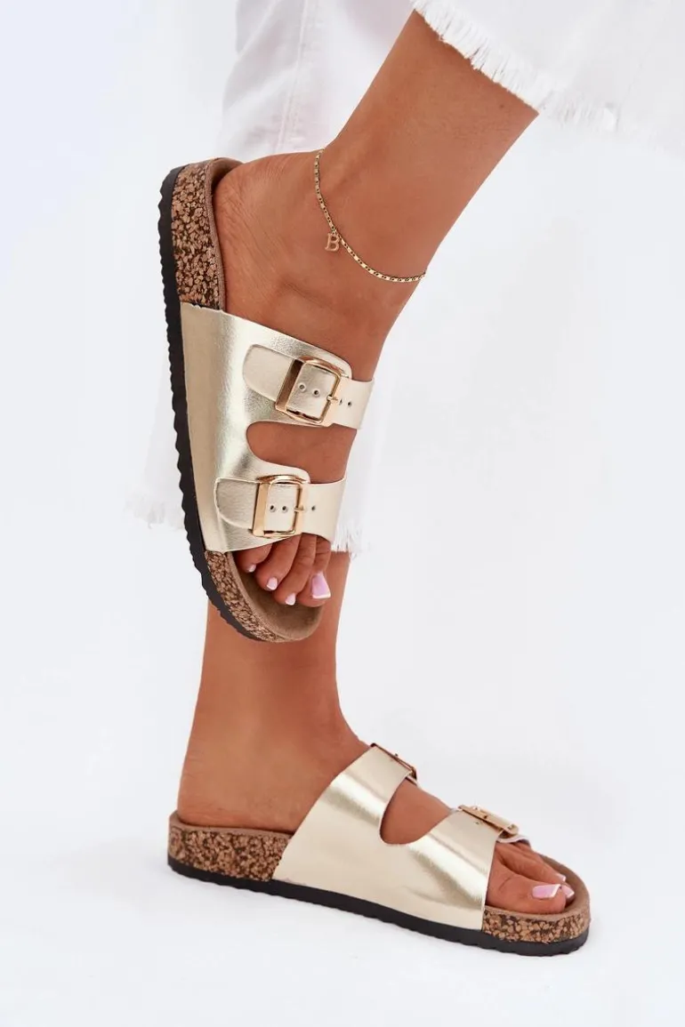 Klapki Damskie Z Klamrami Z Eko Skóry Złote Iskira