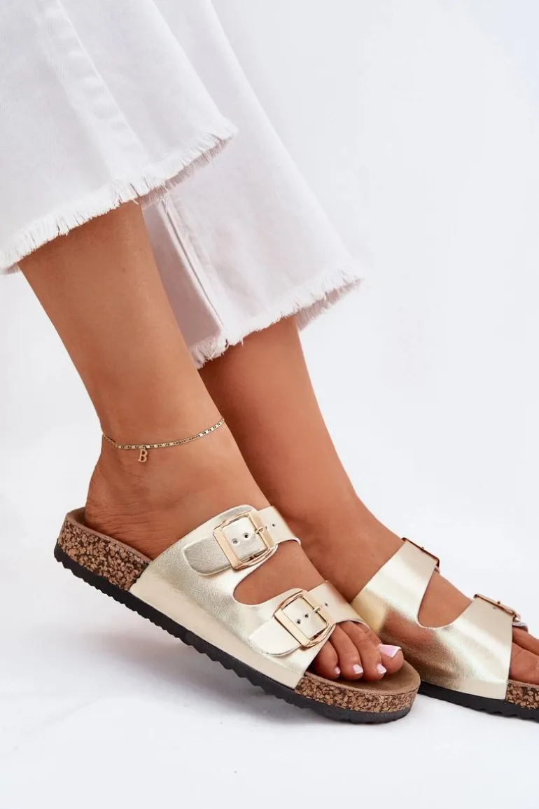 Klapki Damskie Z Klamrami Z Eko Skóry Złote Iskira