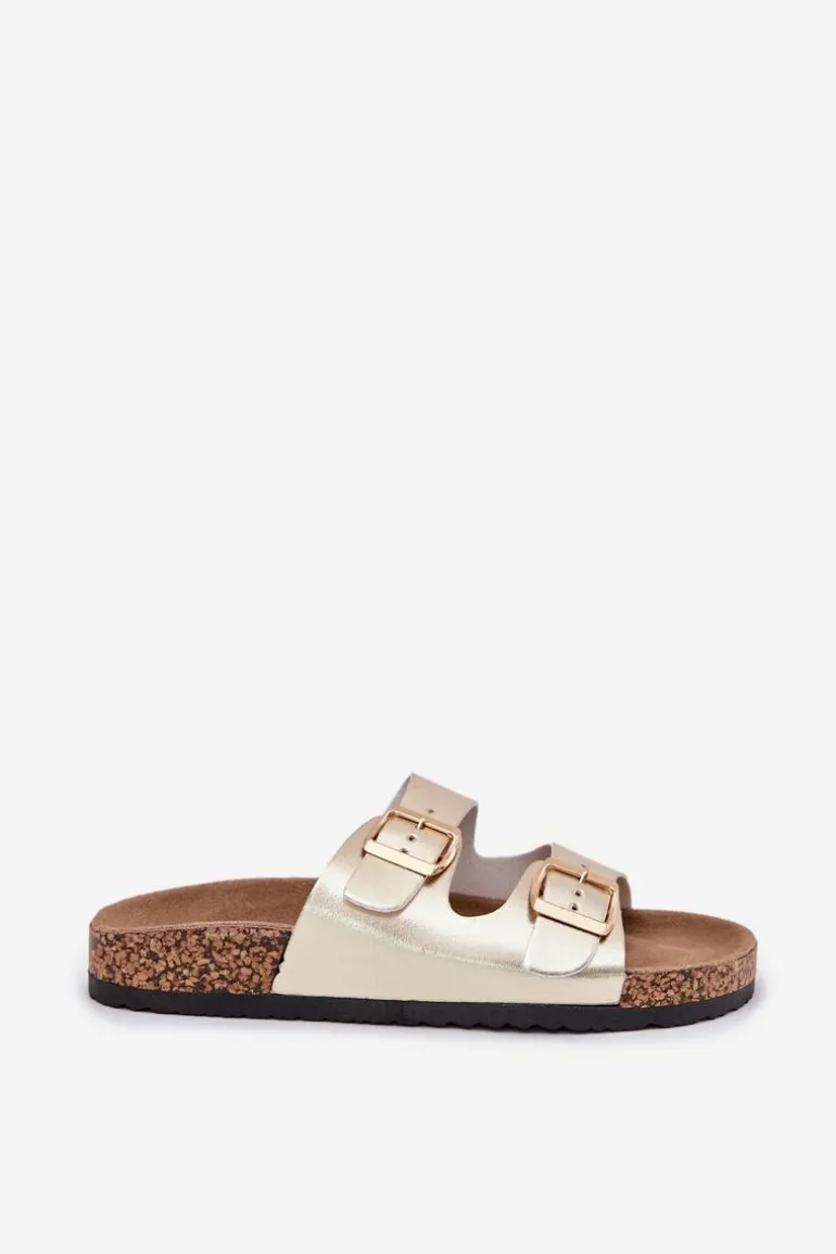 Klapki Damskie Z Klamrami Z Eko Skóry Złote Iskira