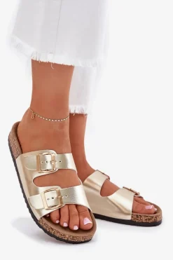 Klapki Damskie Z Klamrami Z Eko Skóry Złote Iskira