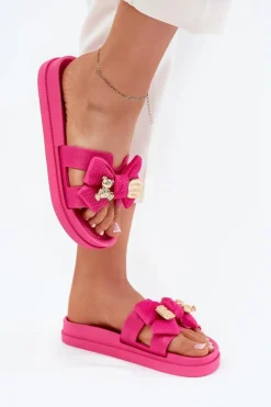 Klapki Damskie Z Kokardą I Złotą Broszką Fuksja Lynara