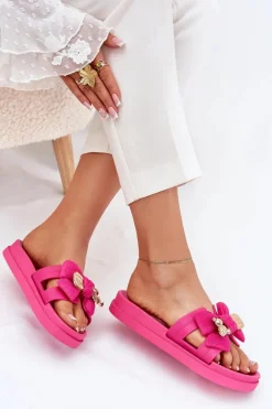 Klapki Damskie Z Kokardą I Złotą Broszką Fuksja Lynara