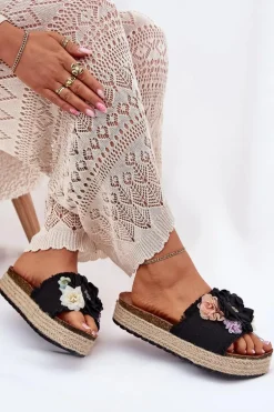 Klapki Damskie Z Kwiatami Platforma Z Plecionką Czarne Zenvanis