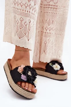 Klapki Damskie Z Kwiatami Platforma Z Plecionką Czarne Zenvanis