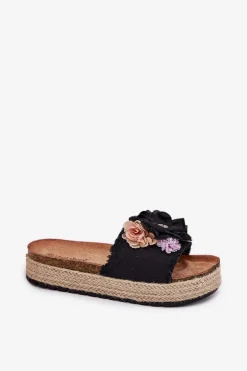 Klapki Damskie Z Kwiatami Platforma Z Plecionką Czarne Zenvanis