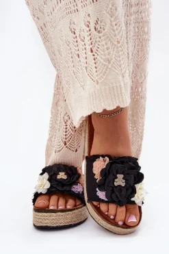 Klapki Damskie Z Kwiatami Platforma Z Plecionką Czarne Zenvanis