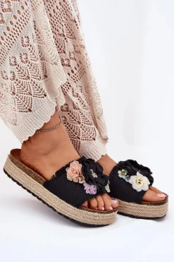 Klapki Damskie Z Kwiatami Platforma Z Plecionką Czarne Zenvanis