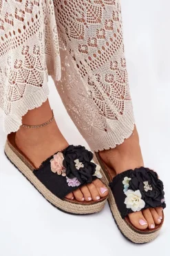 Klapki Damskie Z Kwiatami Platforma Z Plecionką Czarne Zenvanis