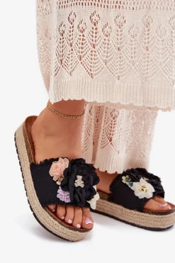 Klapki Damskie Z Kwiatami Platforma Z Plecionką Czarne Zenvanis