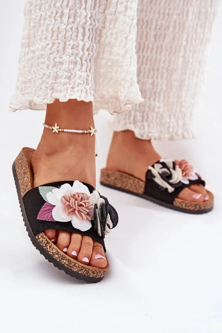 Klapki Damskie Z Kwiatkami Na Korkowej Platformie Czarne Zinrosa