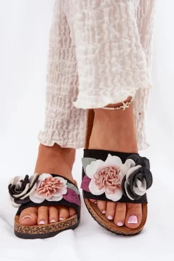 Klapki Damskie Z Kwiatkami Na Korkowej Platformie Czarne Zinrosa