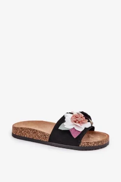 Klapki Damskie Z Kwiatkami Na Korkowej Platformie Czarne Zinrosa