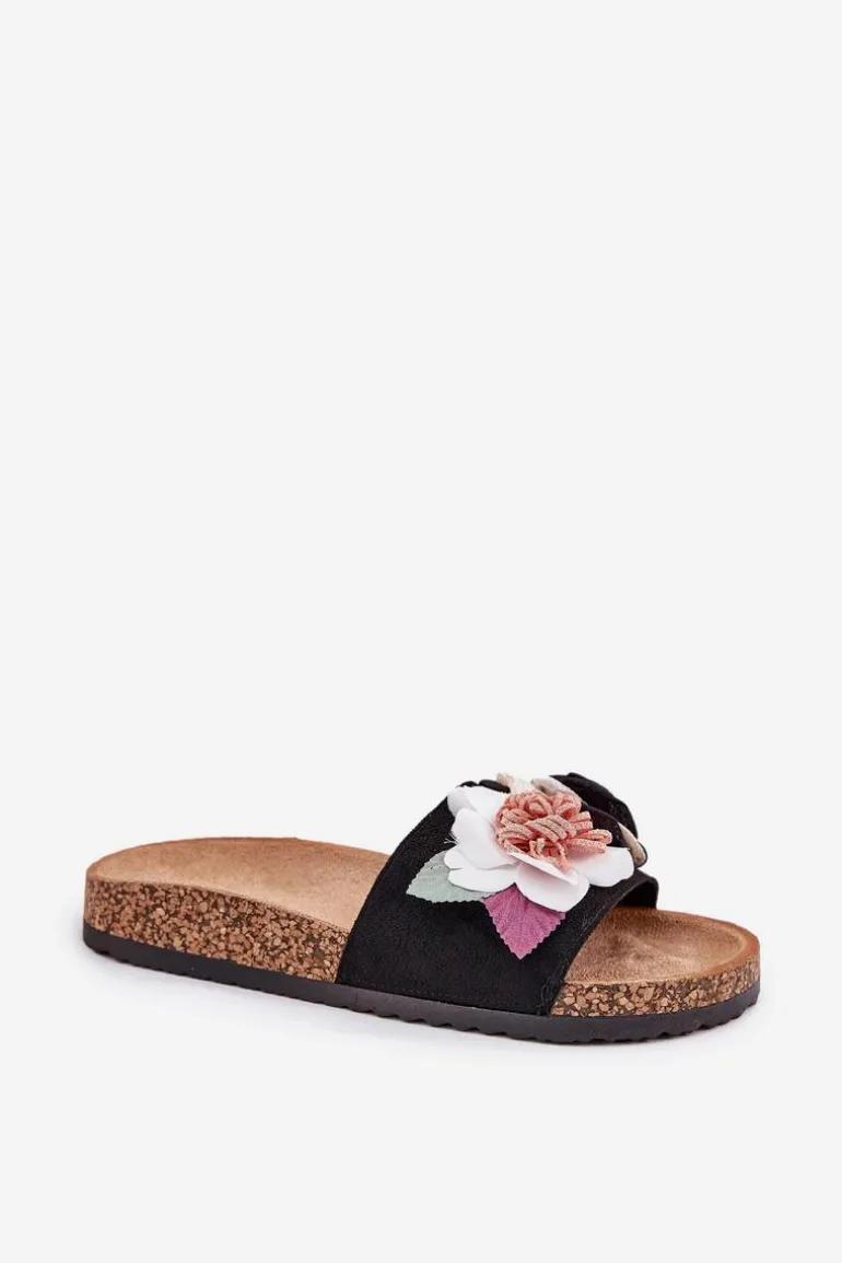 Klapki Damskie Z Kwiatkami Na Korkowej Platformie Czarne Zinrosa