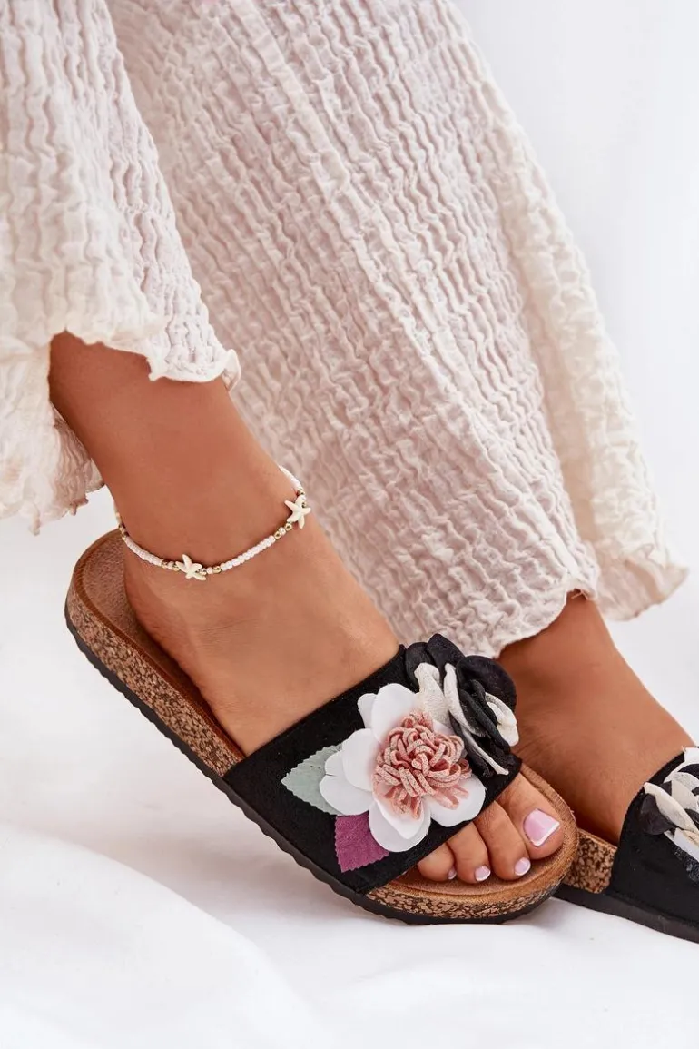 Klapki Damskie Z Kwiatkami Na Korkowej Platformie Czarne Zinrosa