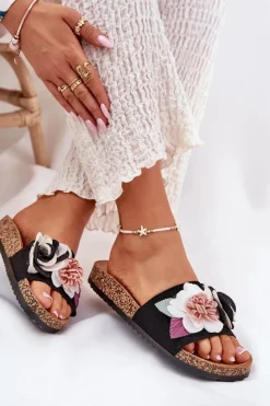 Klapki Damskie Z Kwiatkami Na Korkowej Platformie Czarne Zinrosa