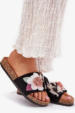 Klapki Damskie Z Kwiatkami Na Korkowej Platformie Czarne Zinrosa