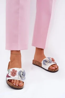 Klapki Damskie Z Kwiatkami Na Korkowej Platformie Białe Zinrosa