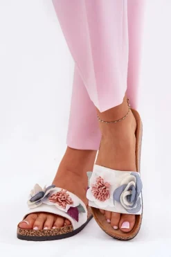 Klapki Damskie Z Kwiatkami Na Korkowej Platformie Białe Zinrosa