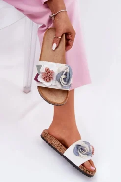 Klapki Damskie Z Kwiatkami Na Korkowej Platformie Białe Zinrosa