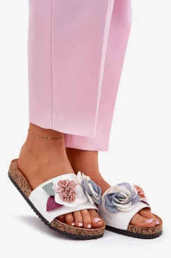 Klapki Damskie Z Kwiatkami Na Korkowej Platformie Białe Zinrosa