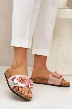 Klapki Damskie Z Kwiatkami Na Korkowej Platformie Różowe Zinrosa