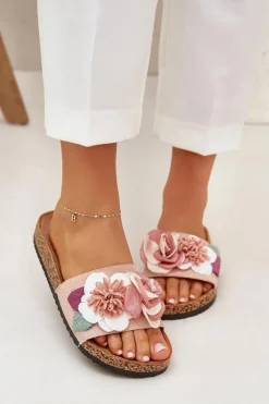 Klapki Damskie Z Kwiatkami Na Korkowej Platformie Różowe Zinrosa