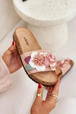 Klapki Damskie Z Kwiatkami Na Korkowej Platformie Różowe Zinrosa