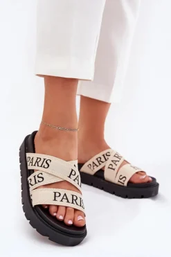 Klapki Damskie Z Materiałowymi Paskami Paris Na Platformie Beżowe Celinea